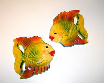 Vintage Chalkware Mr Mrs Fish Retro 1950s 1960s Miller Studio Wall Plaque 50s 60s Mermaid Bathroom Bath Decor Chalk Ware Norcrest 70s 1970s
