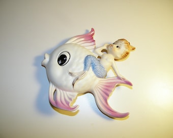 Vintage 1950s 1960s Old Ceramic Norcrest Mermaid Wall Plaque Retro 50s Fish Bathroom Bath Antique Pink Blue Decor Mermaids Lefton Bradley