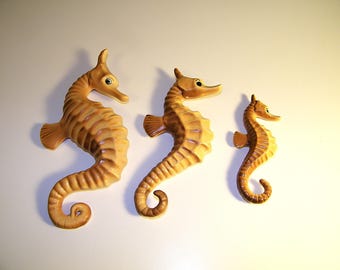 Vintage RARE Kelvin Seahorse Set 1950s Mermaid Wall Plaque Retro 50s 60s Bathroom Bath Antique Decor Mermaids Sea Horse Norcrest Pink Aqua