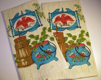 Vintage 50s 60s Pennsylvania Dutch Early American Folk Art Retro Linen Dish Tea Towels 1950s 1960s Textile USA Aqua Red Kitchen Decor Kitsch