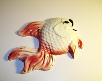 Vintage Pink DeForest 1950s 1960s Old Pottery Ceramic Fish Wall Plaque Retro 50s 60s Mermaid Bathroom Bath Decor Mermaids Norcrest  Lefton