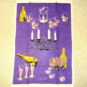 In Party Mood 50s 60s Pop Art Graphic Mid Century Linen Kitchen Decor Tea Towel 1950s 1960s Textile Drinks Brandy Wine Purple Lavender Pink