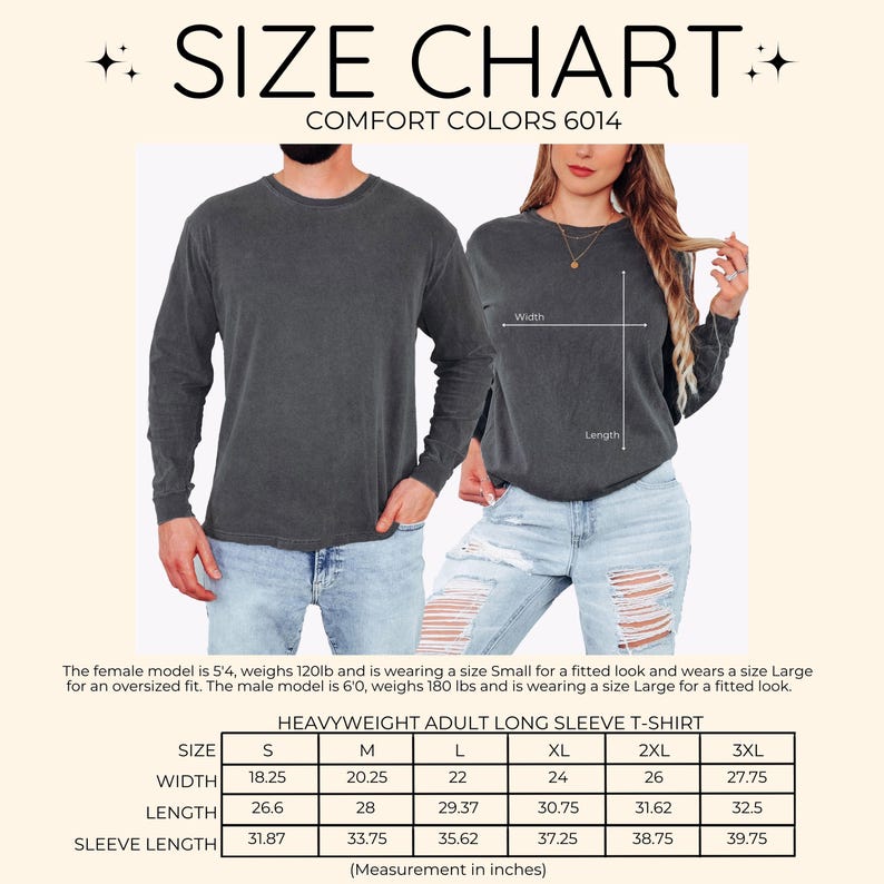 The image is a size chart for a gray long-sleeved shirt, featuring a man and a woman wearing the shirt. The chart provides measurements for different sizes, including a full-size model, a small model, and a large model.