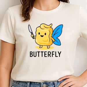 Camiseta engraçada de borboleta com personagem fofo de manteiga, camiseta com estampa de desenho animado, presente engraçado para amigos, camiseta casual macia para uso diário