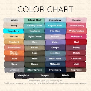 The image is a color chart that displays various colored towels or fabrics, each with a different color name. The chart includes white, island reef, chambrey, blossom, ivory, sapphire, butter, light green, orchid, helonica, mustard, bay, purple, red, terracotta, kaki, grape, berry, burnt orange, yam, moss, blue jeans, cranberry, blue, and more. The chart also includes a message at the bottom that encourages viewers to feel free to message the company to inquire about additional color options.