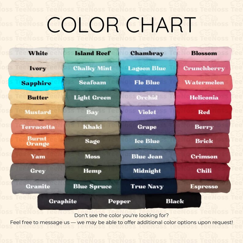 The image is a color chart that displays various colored towels or fabrics, each with a different color name. The chart includes white, island reef, chambrey, blossom, ivory, sapphire, butter, light green, orchid, helonica, mustard, bay, purple, red, terracotta, kaki, grape, berry, burnt orange, yam, moss, blue jeans, cranberry, blue, and more. The chart also includes a message at the bottom that encourages viewers to feel free to message the company to inquire about additional color options.