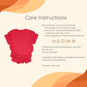 The image is a printed care instructions guide for a red t-shirt, providing specific care instructions for the garment.
