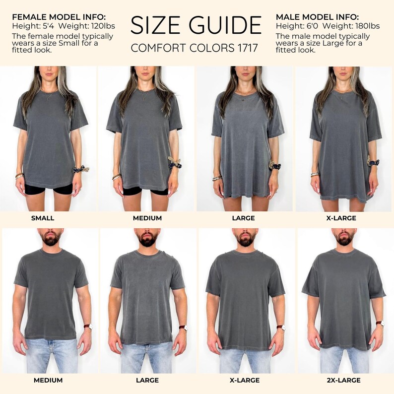 Puede incluir: Gu&iacute;a de tallas para camisetas Comfort Colors 1717. La imagen muestra modelos que usan diferentes tallas de camisetas grises, desde Small hasta 2X-Large. La modelo femenina mide 1,63 m y pesa 54 kg, usando Small. El modelo masculino mide 1,83 m y pesa 82 kg, usando Large.