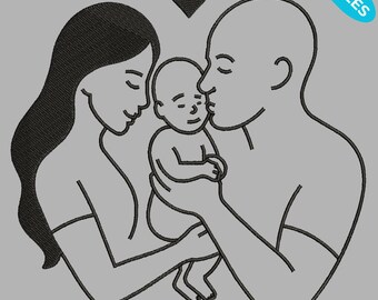 Mama & Papa mit Baby Line Art Stickerei, Neugeborene Baby Line Art Maschinenstickerei, 4 Größen, Instant Download