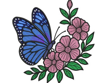 Schmetterling mit Blumen Stickerei, Floral Schmetterling Maschinenstickerei, 3 Größen, Instant Download