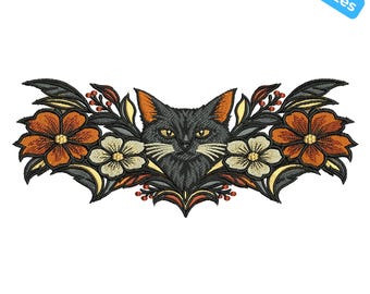 Floral Bat Embroidery Design, Gothic Botanical Machine Embroidery, Halloween Bat Floral, 4 Sizes, Instant Download