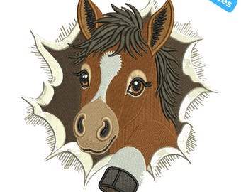 Archivo de bordado de caballo asomándose, diseño de animal de granja, lindo diseño de bordado de caballo, 4 tamaños, descarga instantánea