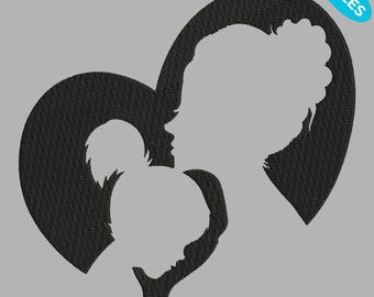 Mutter und Kind Silhouette Stickmuster, Herz Umriss Mom Baby Stickdatei, 4 Größen, Instant Download