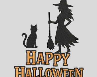 Happy Halloween-borduurontwerp, heks met bezem en kat silhouet, machineborduurbestanden, 3 maten, direct downloaden