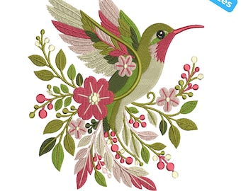Blumen-Kolibri-Stickmuster, Blumenvogel-Stickerei, Kolibri-Muster, 4 Größen, Sofort-Download