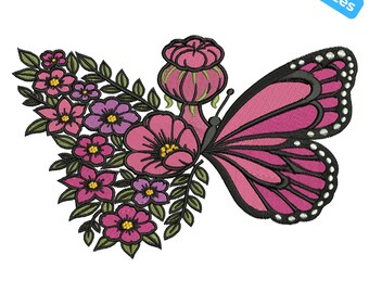 Butterfly Girl Embroidery Design, Pink Butterfly and Flowers, Butterfly Floral Embroidery Design, 4 Sizes, Instant Download