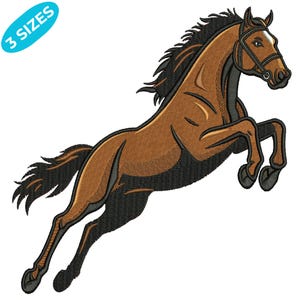 May include: A brown horse in mid-jump, with a black mane and tail, wearing a bridle. The image has a cartoon style. A blue oval in the upper left corner reads "3 SIZES".