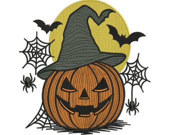 Halloween Scary Pumpkin Embroidery Designs, Spider Web & Bats 3 Sizes, Instant Download