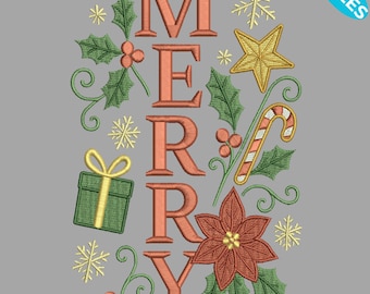 Merry Christmas Embroidery Design, Floral Merry Christmas Embroidery Designs, Cute Festive Xmas Embroidery Design, 4 Sizes, Instant Download