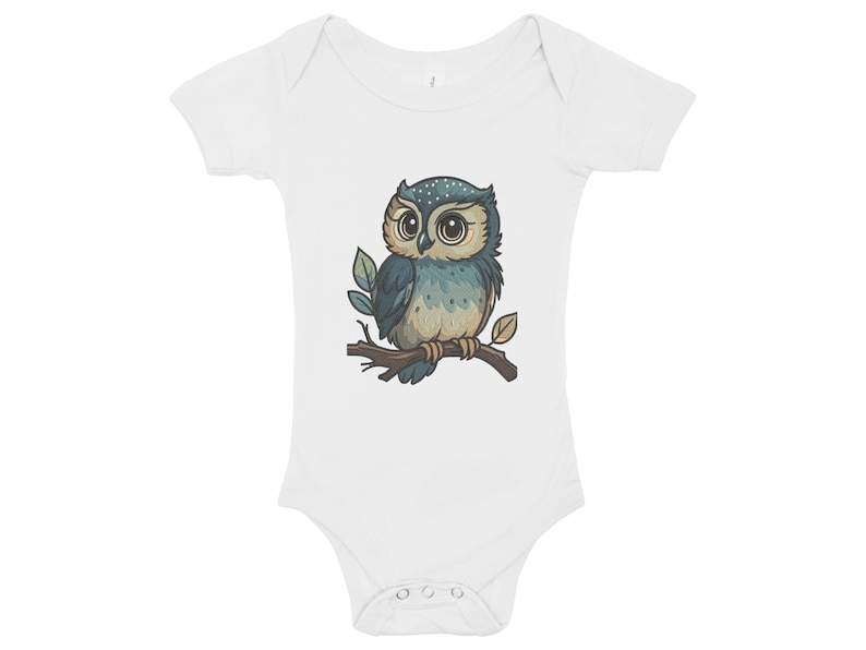 May include: White baby onesie featuring a cartoon owl illustration. The owl is perched on a branch with leaves, showcasing blue, green, and brown tones. The onesie has short sleeves and snap closures at the bottom.