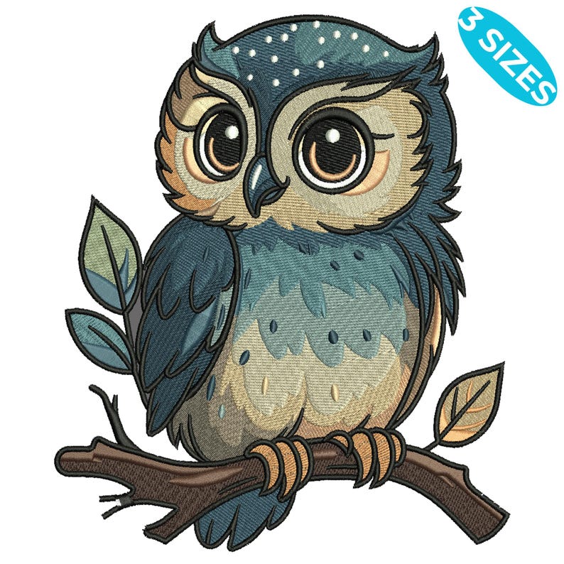May include: An embroidered owl design in shades of blue, tan, and brown, perched on a branch with leaves. The owl has large, expressive eyes and is labeled with "3 SIZES". This design is suitable for various craft projects.