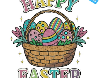 Happy Easter Embroidery Design, Bunny & Easter Eggs, Cute Bunny Egg Basket, 4 Sizes, Instant Download