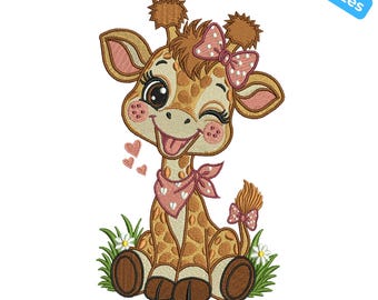 Diseño de bordado a máquina de jirafa adorable, diseño de bordado de jirafa bebé sonriente de safari, 4 tamaños, descarga instantánea.