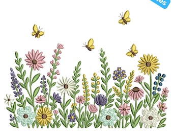 Wildblumenbordüre & Schmetterlinge, Schmetterlingsstickmuster, Wildblumenwiesenstickerei, 4 Größen, Sofort-Download