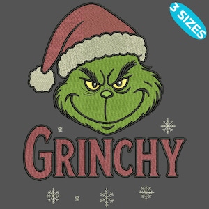 May include: Embroidered design featuring the Grinch's face wearing a Santa hat, with the word "GRINCHY" in red letters below. The design includes snowflakes and a "3 SIZES" tag. The Grinch is green with yellow eyes.