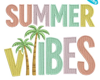 Archivo de bordado a máquina "Playa Verano", diseño de bordado a máquina "Vibraciones de verano", letras de palmeras tropicales, 4 tamaños, descarga instantánea