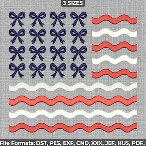 Patriotic Bow & Wavy Stripe Flag Embroidery Design | 4th of July Machine Embroidery | USA Flag | Instant Download - 3 Sizes
