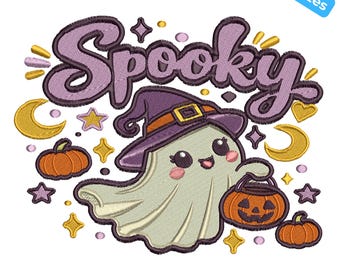 Spooky Ghost Embroidery, Kawaii Witch Ghost Pumpkin, Cute Halloween Machine Embroidery, 4 Sizes, Instant Download