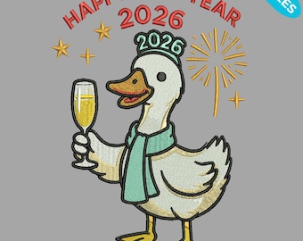 Bordado de Feliz Año Nuevo 2026, diseño de bordado de ganso, bonito logotipo navideño, 4 tamaños, descarga instantánea