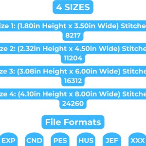 Op de afbeelding: Afbeelding met maatopties voor een product, met afmetingen in inches. Bevat vier maten: 4,57cm x 8,89cm, 5,89cm x 11,43cm, 7,82cm x 15,24cm en 10,41cm x 20,32cm. Bestandsformaten: DST, EXP, CND, PES, HUS, JEF, XXX en VP3.