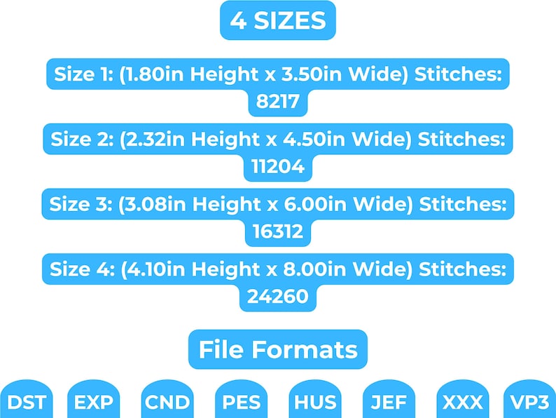 Op de afbeelding: Afbeelding met maatopties voor een product, met afmetingen in inches. Bevat vier maten: 4,57cm x 8,89cm, 5,89cm x 11,43cm, 7,82cm x 15,24cm en 10,41cm x 20,32cm. Bestandsformaten: DST, EXP, CND, PES, HUS, JEF, XXX en VP3.