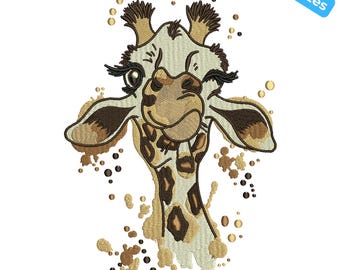 Bordado de jirafa en acuarela, divertido bordado digital de jirafa, bordado de animales de safari, 4 tamaños, descarga instantánea.
