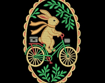 Diseño de bordado a máquina de conejito con bicicleta, bordado de conejito con flores, archivos de bordado de conejo sobre huevo, 3 tamaños, descarga instantánea