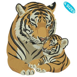 May include: An embroidered design of a mother tiger and her cub, with the text "4 SIZES" in a blue oval. The tigers are depicted in shades of orange, tan, and black, with detailed stitching. The mother tiger is embracing her cub.