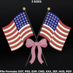 American Flag with Ribbon Bow embroidery pattern, USA Flag Embroidery Files, Patriotic embroidery files, 3 Sizes Instant download