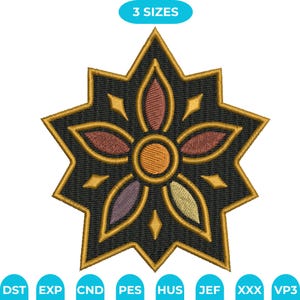 May include: An embroidered floral design in a starburst shape. The design features a black background with a gold outline and accents. The flower petals are in shades of brown, purple, and yellow. The text "3 SIZES" is in a blue oval.