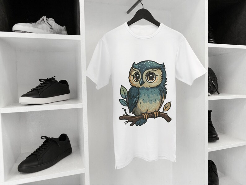 May include: White t-shirt featuring a cartoon owl perched on a branch. The owl has large eyes, blue and tan feathers, and is set against a white background. The shirt is hanging on a black hanger.
