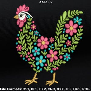 Crazy Chicken Machine Embroidery, Floral Chicken Embroidery files, Floral Chicken Design, 3 Sizes, Instant Download