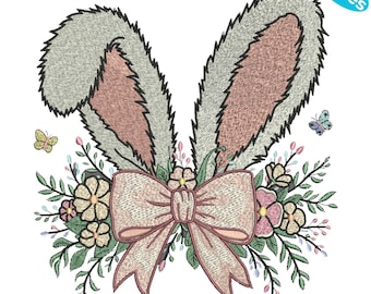 Bunny Ears Embroidery Design with Floral Bow, Floral Bunny Embroidery Design, Cute Bunny Easter with Bow, 4 Sizes, Instant Download