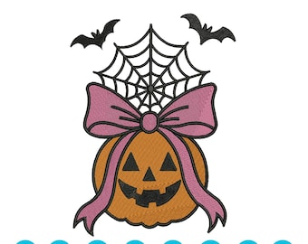 Halloween Pumpkin with Bow Embroidery Design, Spider Web & Bat Machine Embroidery File, Halloween Embroidery, 3 Sizes, Instant Download