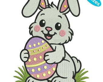 Cute Easter Bunny Embroidery Design with Egg, Spring Rabbit Stitch File, Kids Easter Embroidery Pattern, 4 Sizes, Instant Download