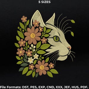 Floral Cat Embroidery Design, Cute Floral Cat Embroidery Design, 5 Sizes, Instant download