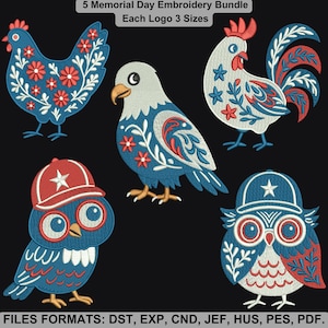5 Memorial Day Embroidery Designs, Patriotic Bird Embroidery Bundle, Red White Blue Owl Embroidery, Chicken, Rooster, Pigeon Embroidery,