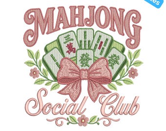 Archivo de bordado Coquette Mahjong, Amante del Mahjong con lazo rosa, Diseño de bordado Mahjong Social Club, 4 tamaños, Descarga instantánea