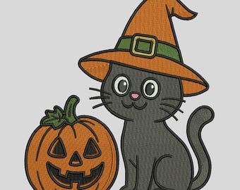 Halloween Cat Embroidery Design, Witch Hat Black Cat & Pumpkin, Machine Embroidery Files, 3 Sizes, Instant Download
