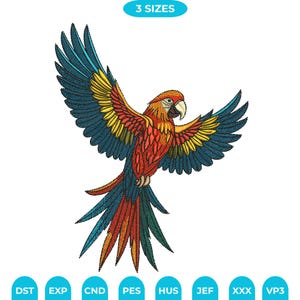 May include: An embroidered design of a vibrant macaw with outstretched wings. The bird features a combination of red, yellow, blue, and orange thread, with the text "3 SIZES" at the top. Various file type abbreviations are at the bottom.